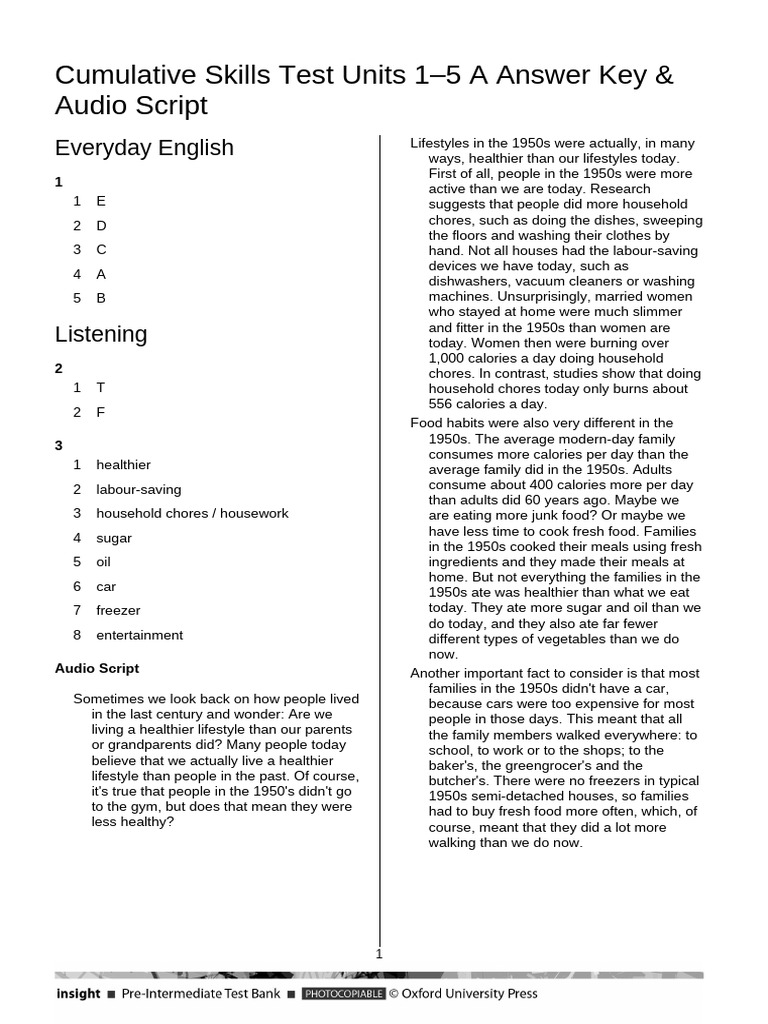 Cumulative Skills Units 1-5 A Answer Key + Audio Script | PDF | Cuisine ...