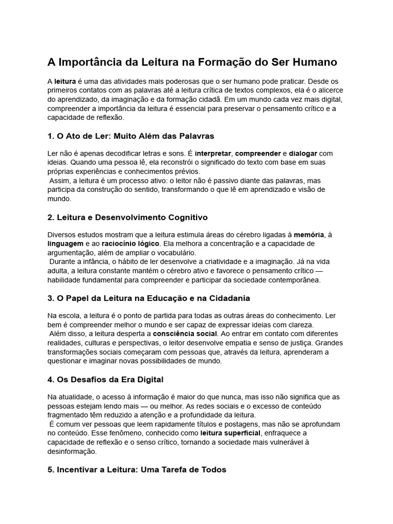 A Importância Da Leitura Na Formação Do Ser Humano | PDF | Pensamento ...