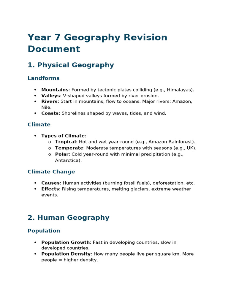 Year 7 Geography Revision Guide | PDF | Deforestation | Landscape