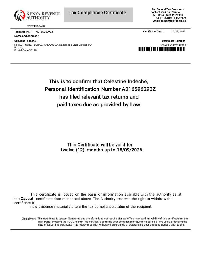 Tax Compliance Certificate for Celestine Indeche | PDF