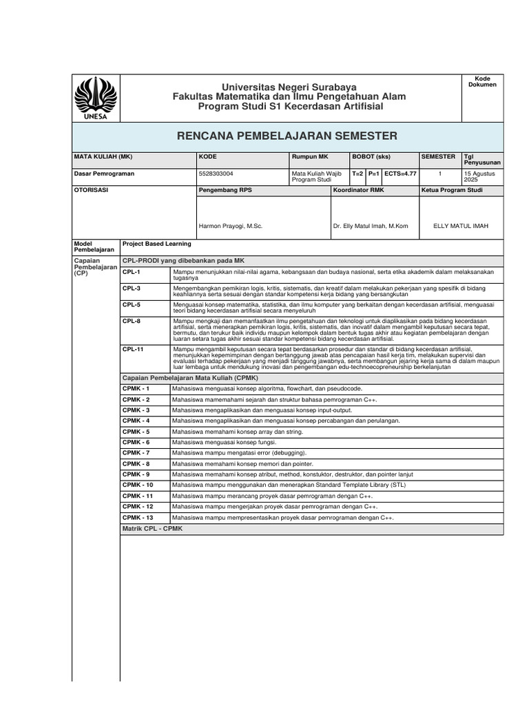 Rencana Pembelajaran Dasar Pemrograman C++ | PDF