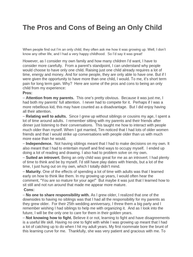 Pros and Cons of Being an Only Child | PDF | Sibling | Behavioural Sciences