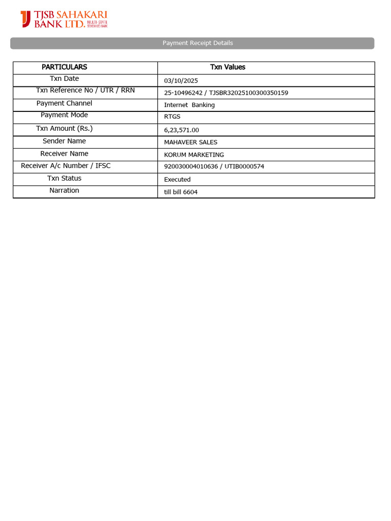 Payment Receipt for RTGS Transaction | PDF