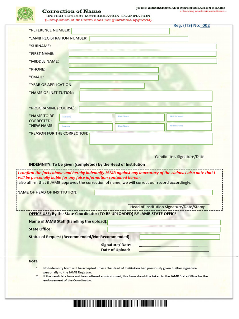 JAMB Name Correction Form Instructions | PDF