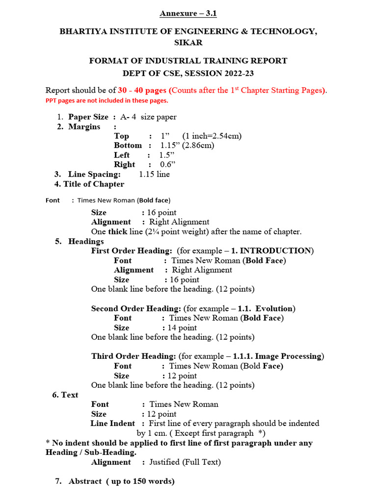 Industrial Training Report Format CSE | PDF | Times New Roman | Paragraph