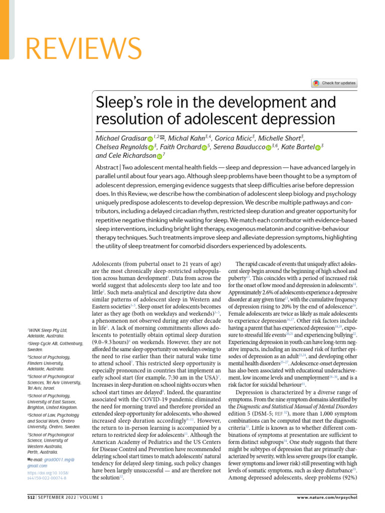 Sleeps Role in The Development and Resolution of Adolescente Depression ...