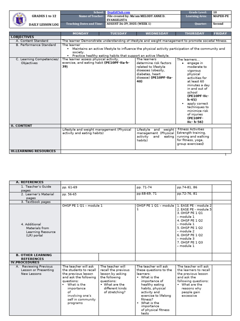 MAPEH-PE Daily Lesson Log for Grade 10 | PDF | Physical Fitness