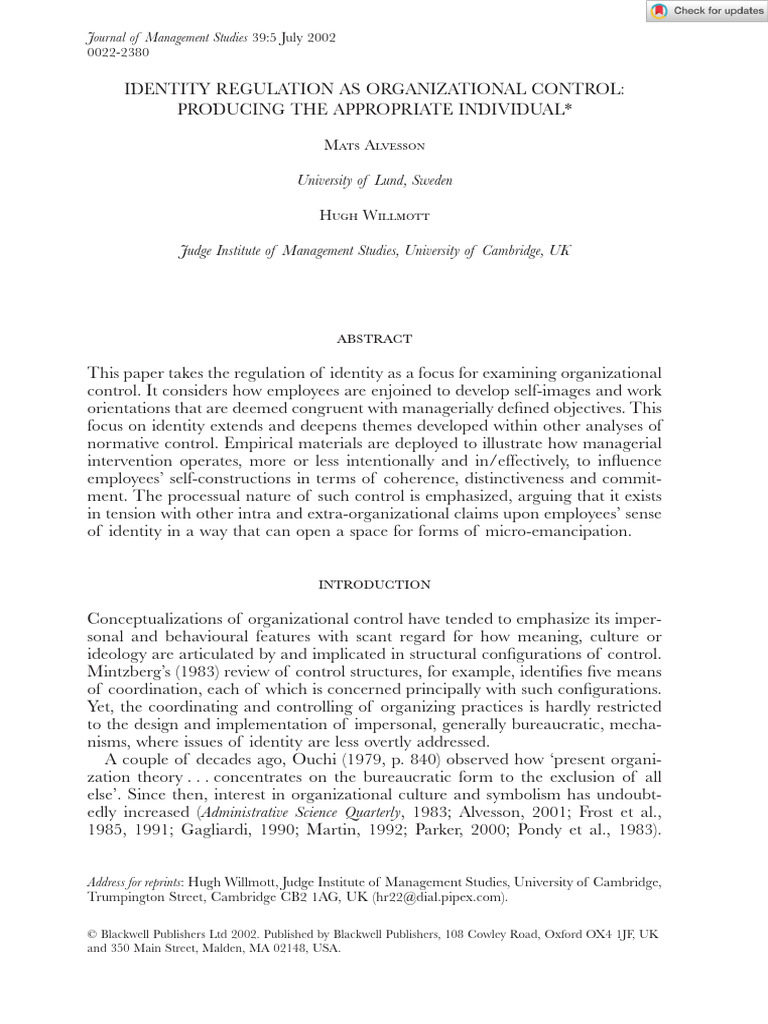 J Management Studies - 2002 - Alvesson - Identity Regulation As ...