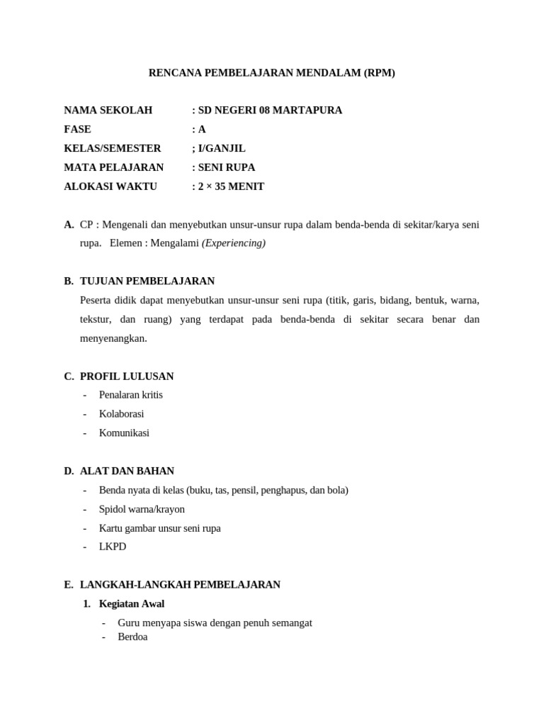 Rencana Pembelajaran Seni Rupa Kelas I | PDF