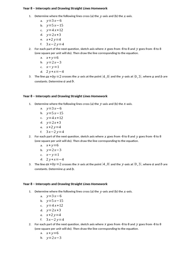 Year 8 Line Intercepts Homework | PDF | Line (Geometry) | Mathematical ...