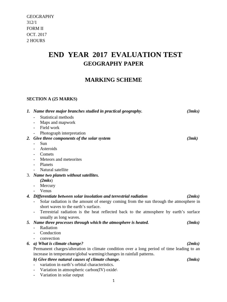 2017 Form 2 Geography Exam Marking Scheme | PDF | Earth | Atmosphere Of ...