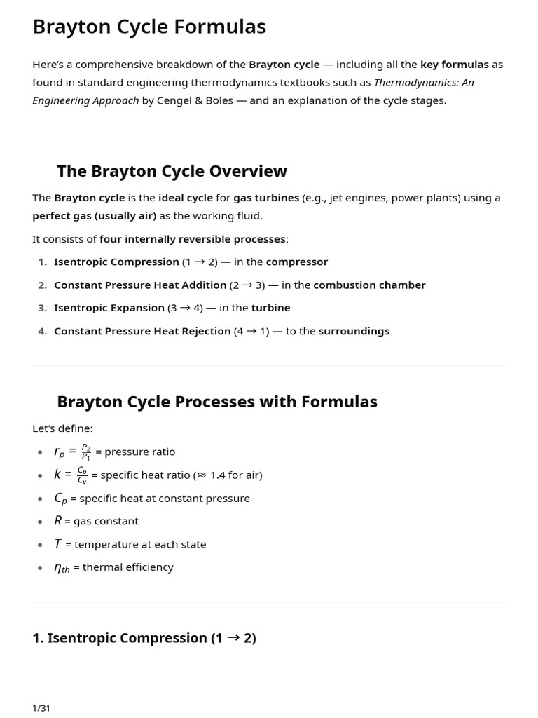 Brayton Cycle Key Formulas Explained | PDF | Steam | Boiler