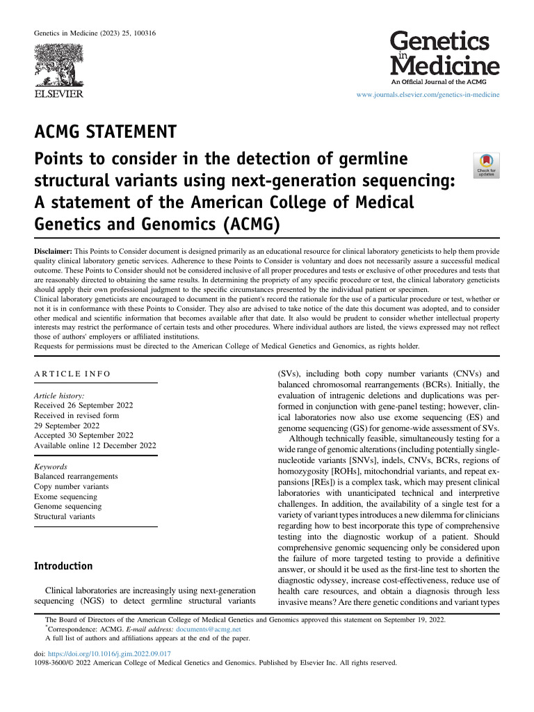 ACMG Guidelines for Germline SV Detection | PDF | Dna Sequencing | Real ...