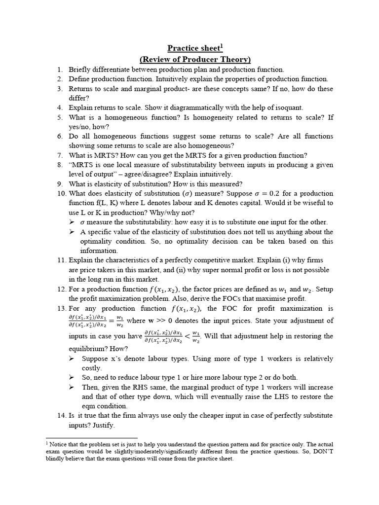 Producer Theory Practice Questions | PDF | Production Function ...