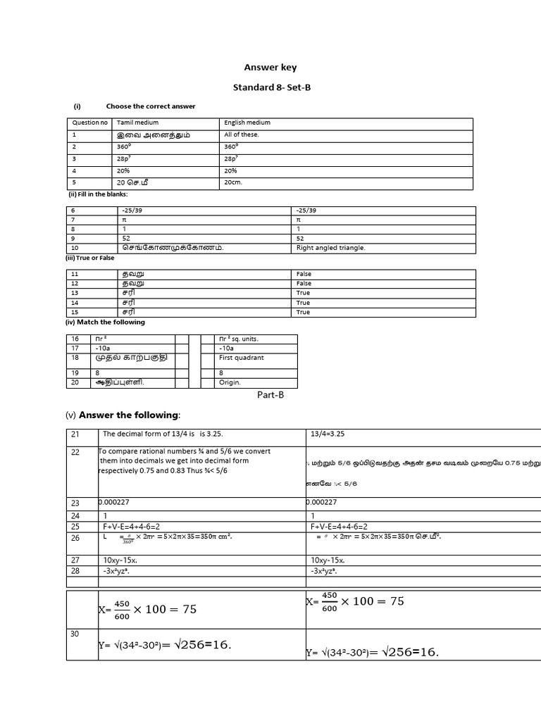 8th Maths Quarterly Exam 2024 Common Answer Key Tamil and English ...