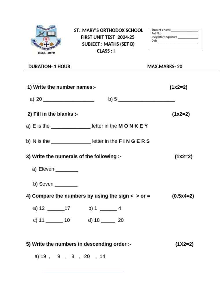 Class I Maths Unit Test 2024-25 | PDF