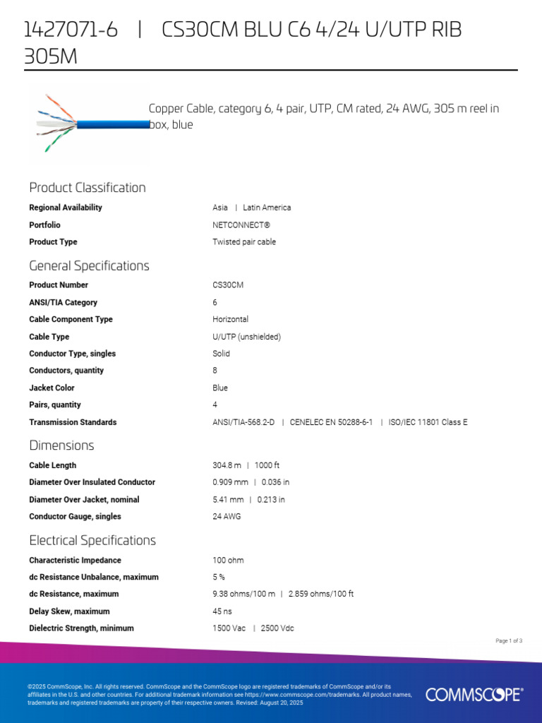 CommScope CS30CM C6 U/UTP Cable Data Sheet | PDF | Manufactured Goods ...
