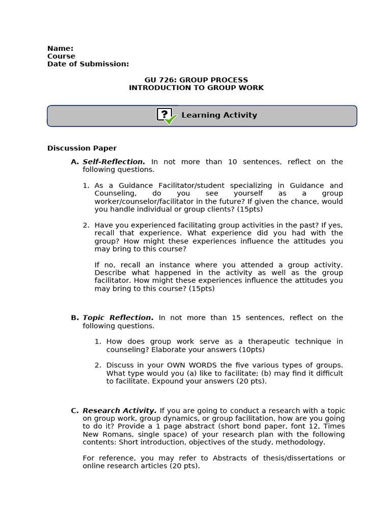 Group Work in Counseling Reflection | PDF