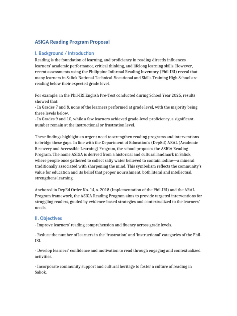 ASIGA Reading Program Proposal Overview | PDF | Reading Comprehension ...