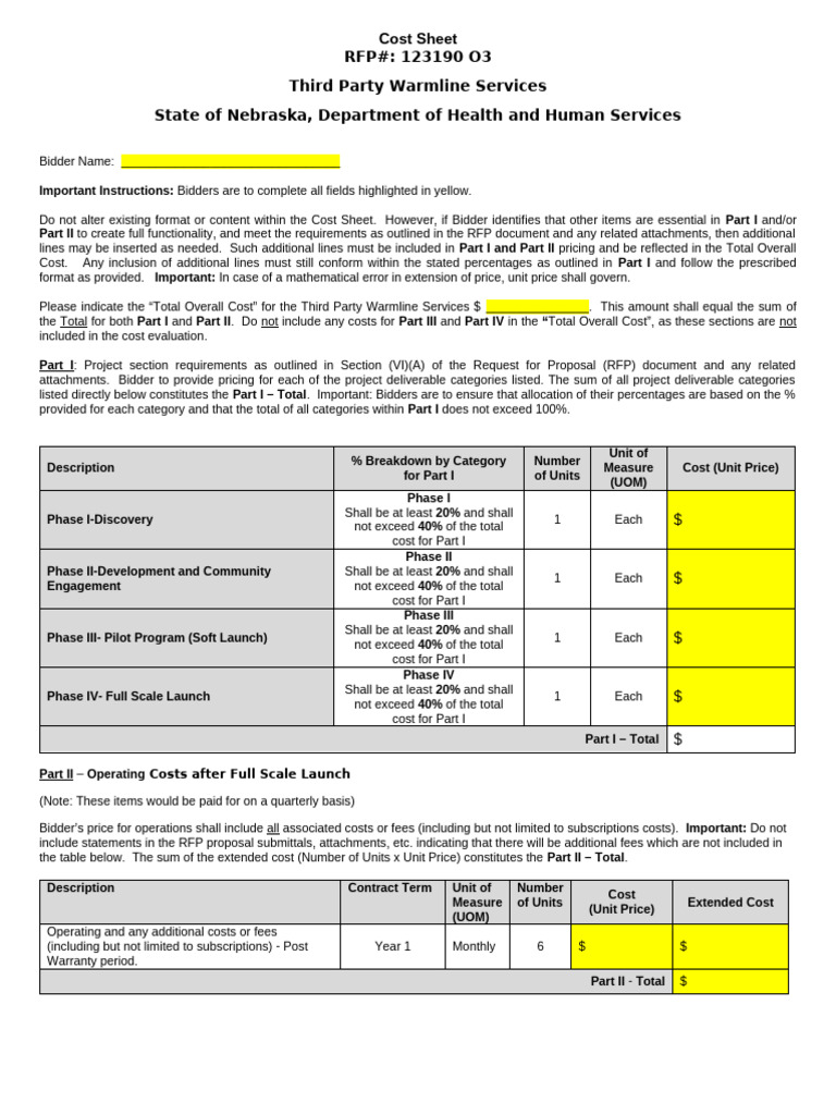 DM2725 14 7 Warmline RFP Cost Sheet | PDF | Business