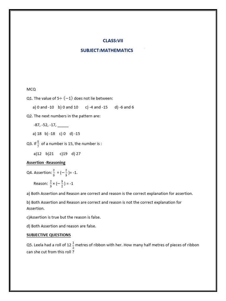 Class VII Math Assignment: Integers & Fractions | PDF