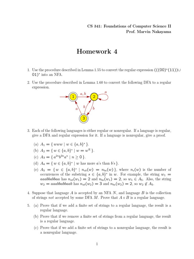 CS 341 Homework 4: NFA and DFA Exercises | PDF