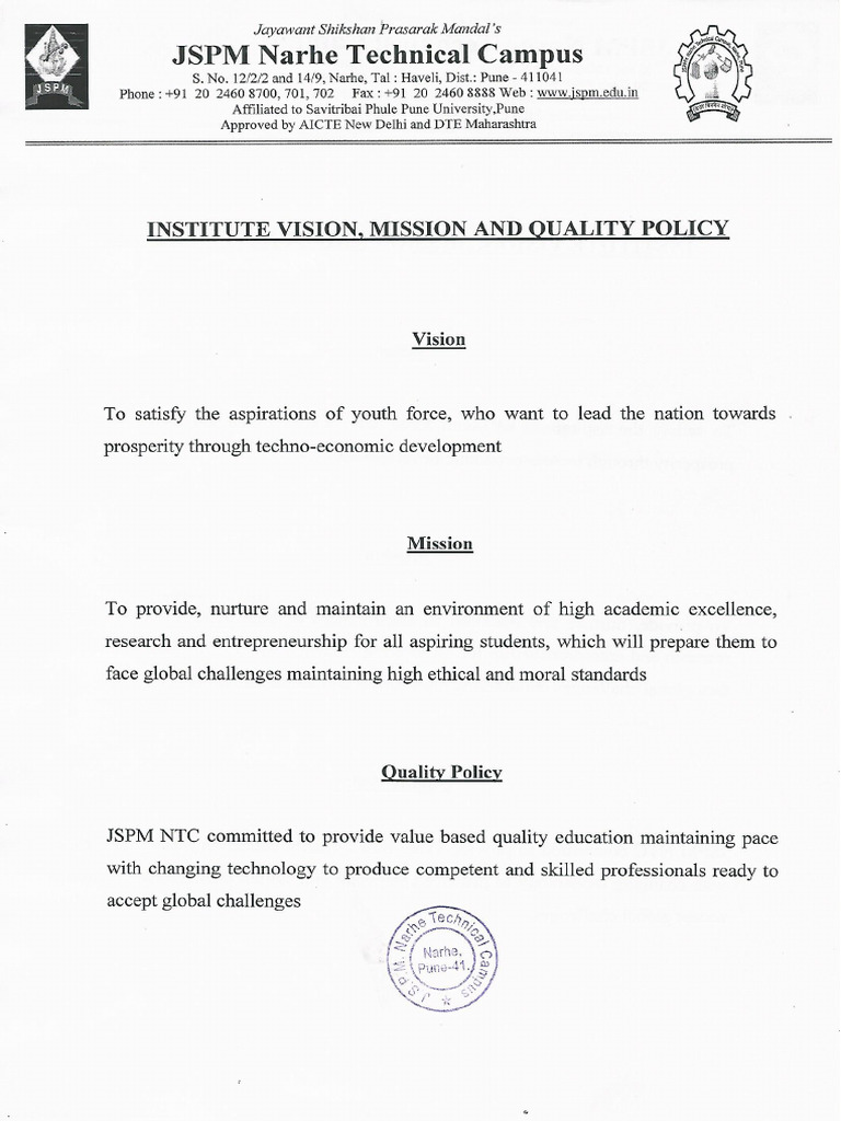 Institute Vision Mission Quality Policy | PDF