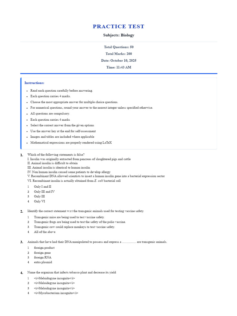 Biology Practice Test: 50 Questions | PDF | Rna Interference | Gene