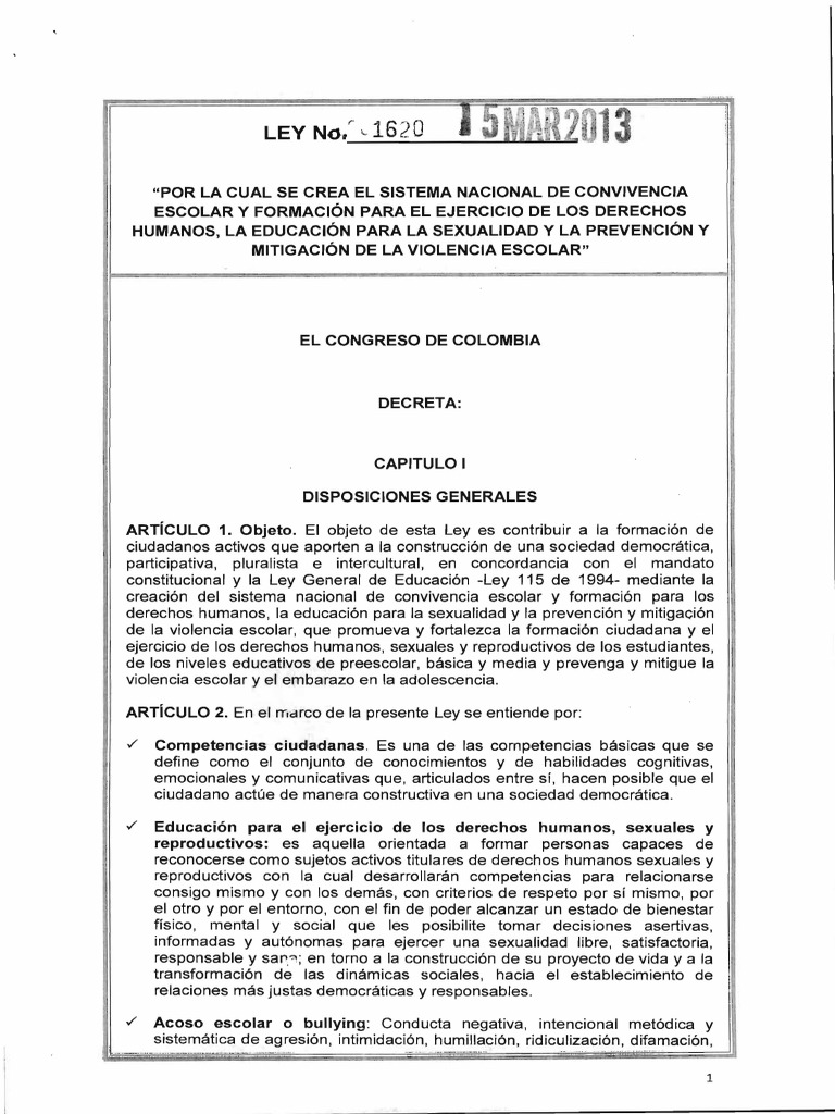 Ley 1620 Convivencia Escolar | PDF | Acoso cibernético | Educación de ...
