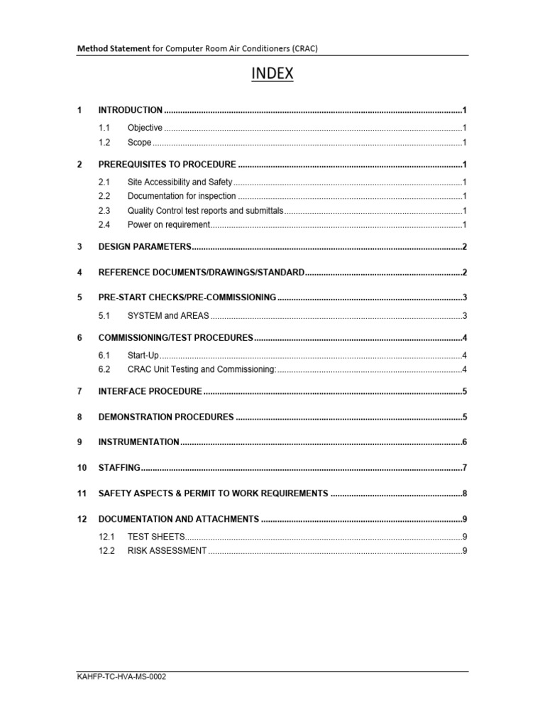 CRAC Unit Commissioning Method Statement | PDF | Switch | Safety