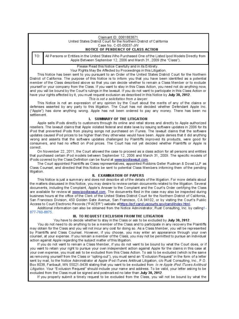 Notice of Pendency of Class Action vs Apple Class Action Lawsuit