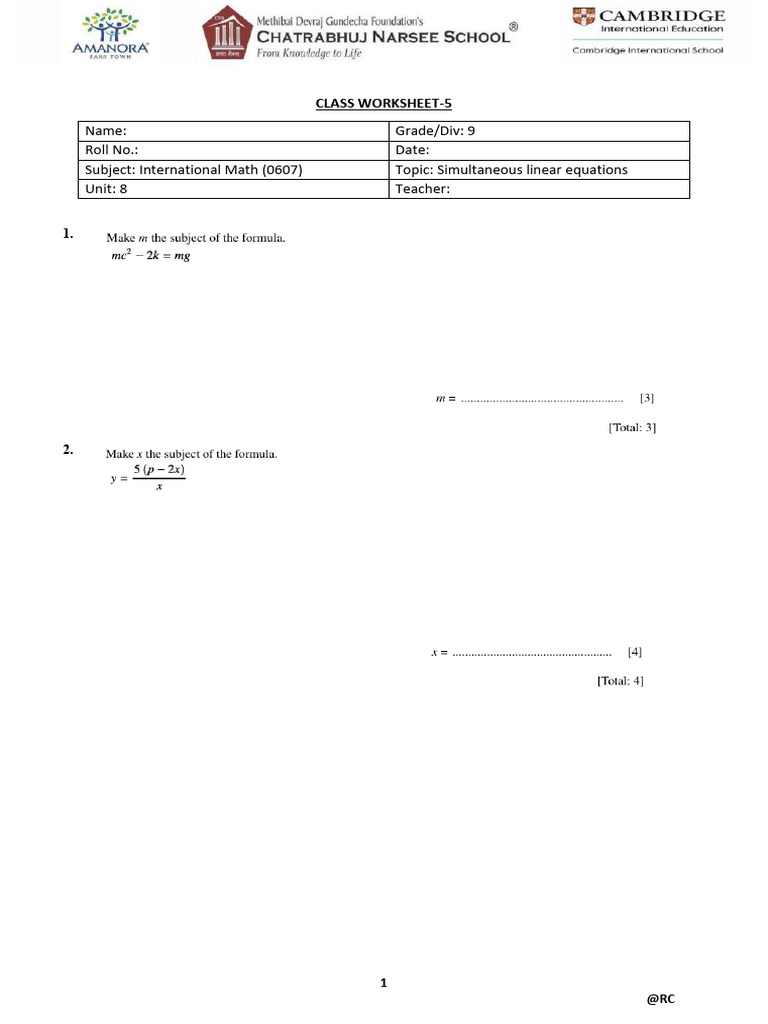 Unit 8 Simultaneous Linear Equations | PDF