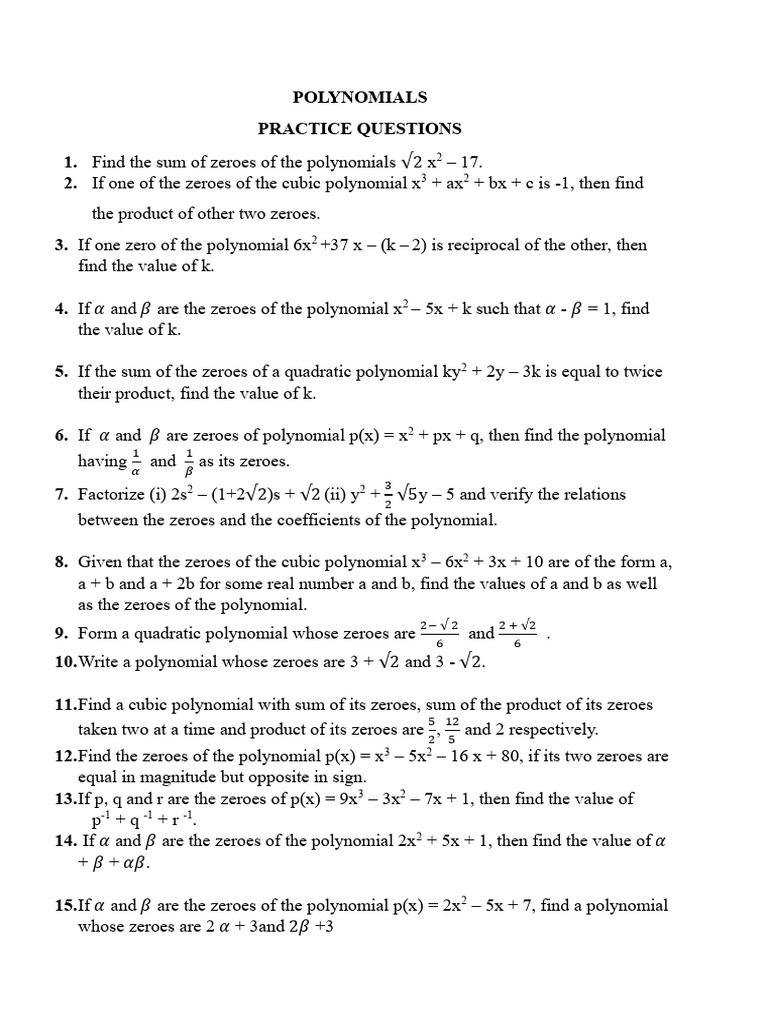 Polynomial Zeroes Practice Questions | PDF | Polynomial | Zero Of A ...