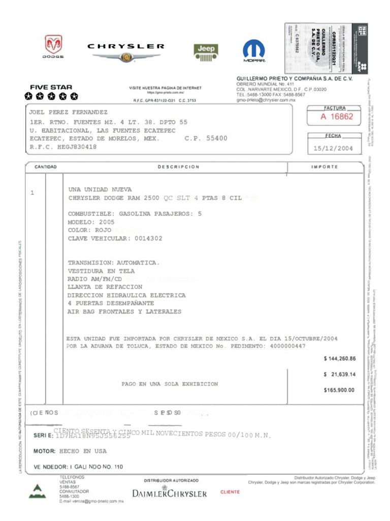 Factura Chrysler Dodge Ram 2500 2005 | PDF | Vehículos con tracción ...