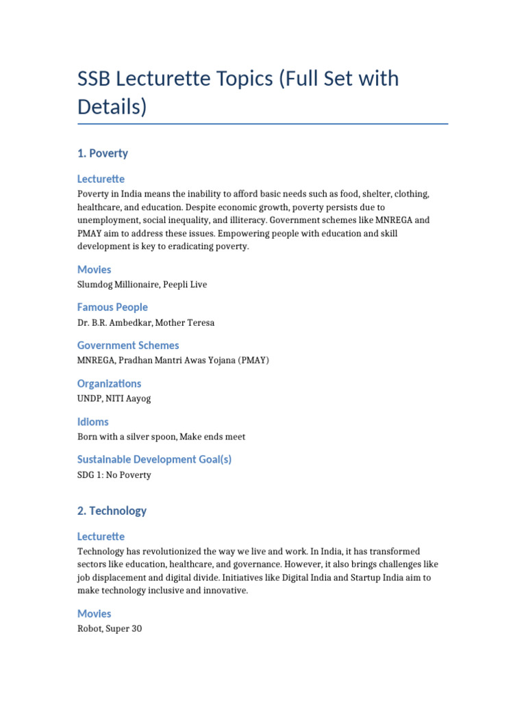 SSB Lecturette Topics Overview | PDF