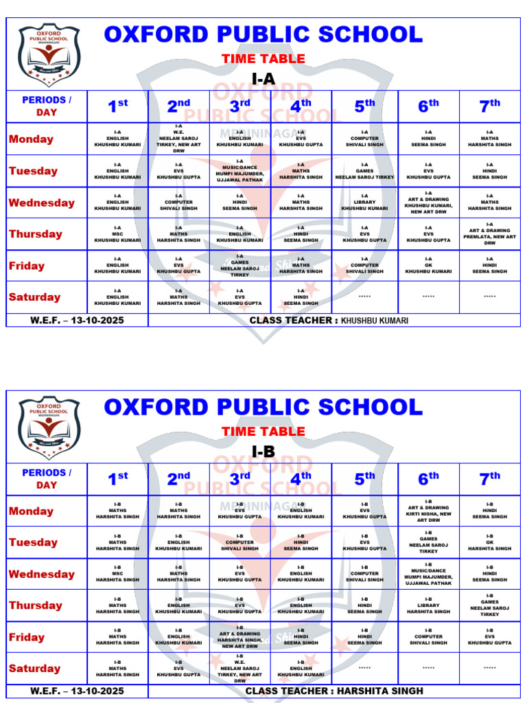 Oxford Public School Timetable 2025 | PDF