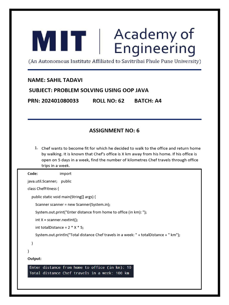 Name Sahil Tadavi Subject Problem Solving Using Oop Java PRN ...