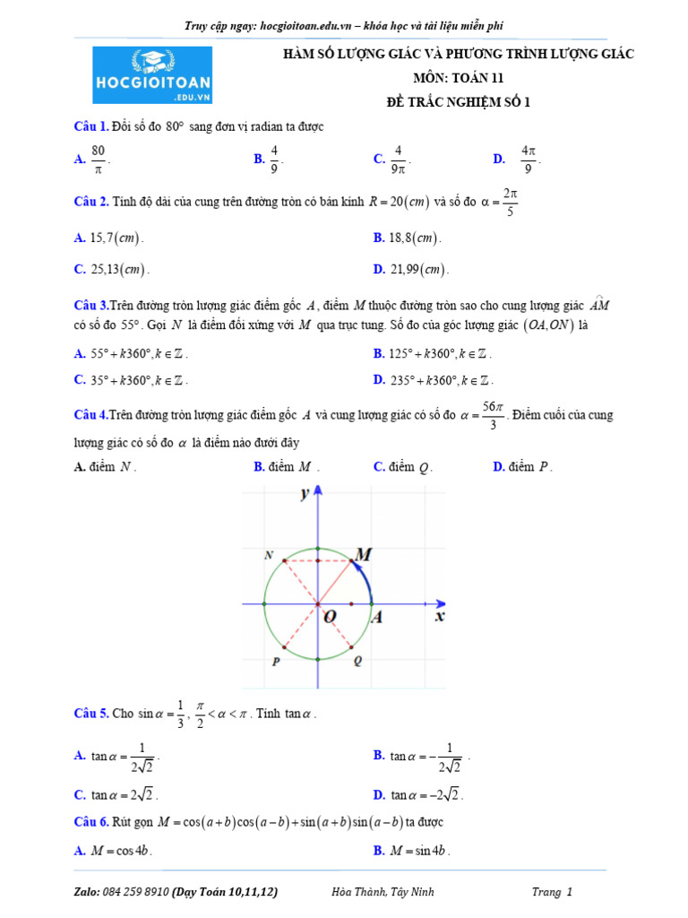 Đề Trắc Nghiệm Ôn Tập Chương HSLG Và PTLG - đề Số 1 | PDF