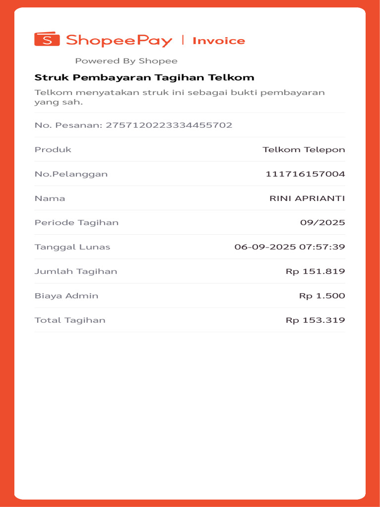 Invoice: Struk Pembayaran Tagihan Telkom | PDF