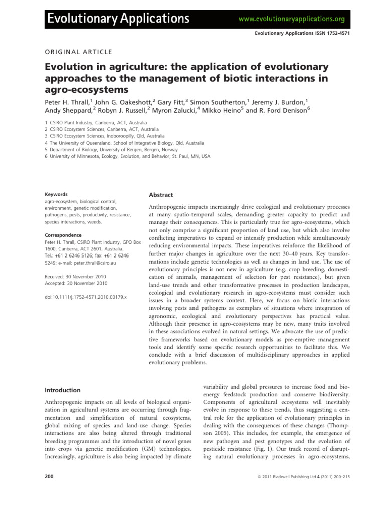 Thrall Et Al 2011 EvolAppl - Evolution in Agriculture - The Application ...