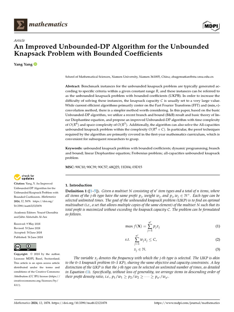 Improved Unbounded-DP for Knapsack Problem | PDF | Computational ...