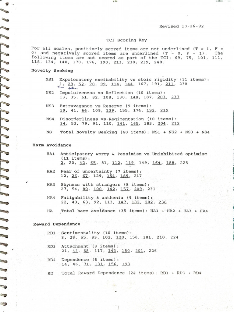 TCI Scoring Key | PDF