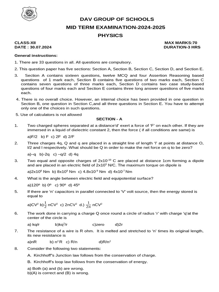 Class XII Physics Mid Term Exam 2024-25 | PDF | Electric Current ...