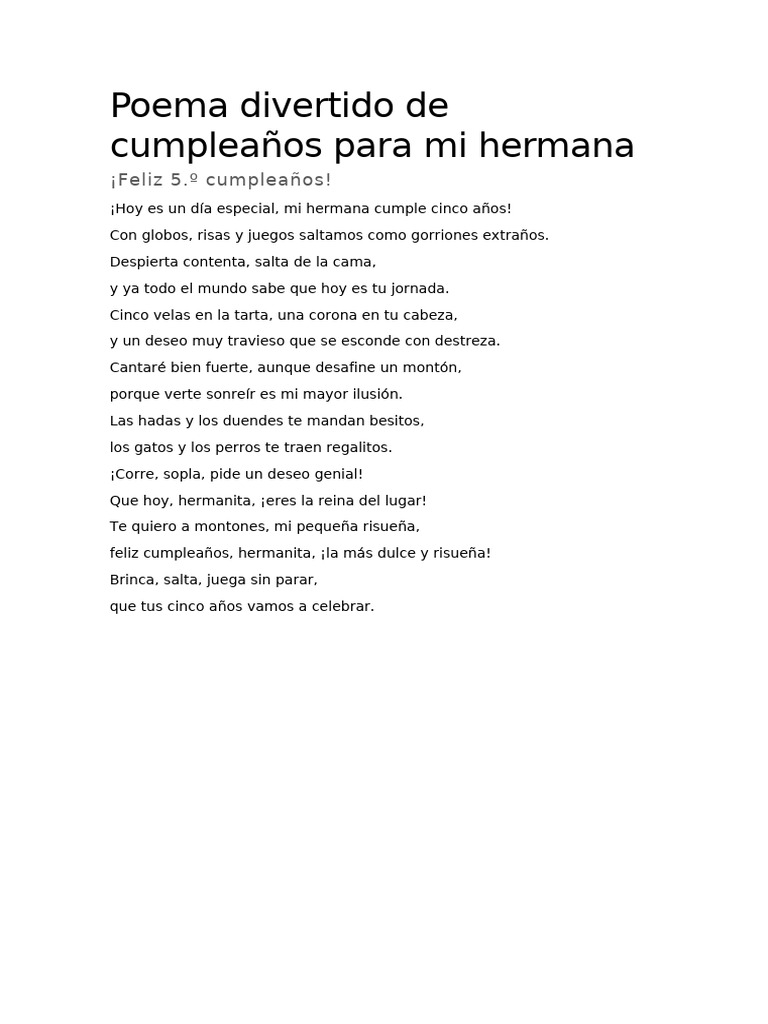 Poema Divertido de Cumpleaños para Mi Hermana | PDF, image size:768x1024