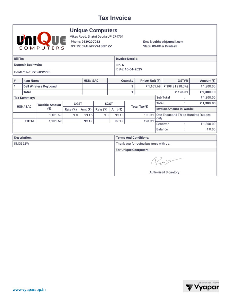 Tax Invoice for Unique Computers | PDF | Taxation | Sales