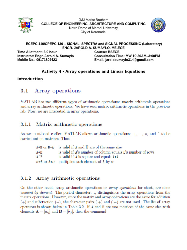Activity+4 Array+Operations+and+Linear+Equations | PDF