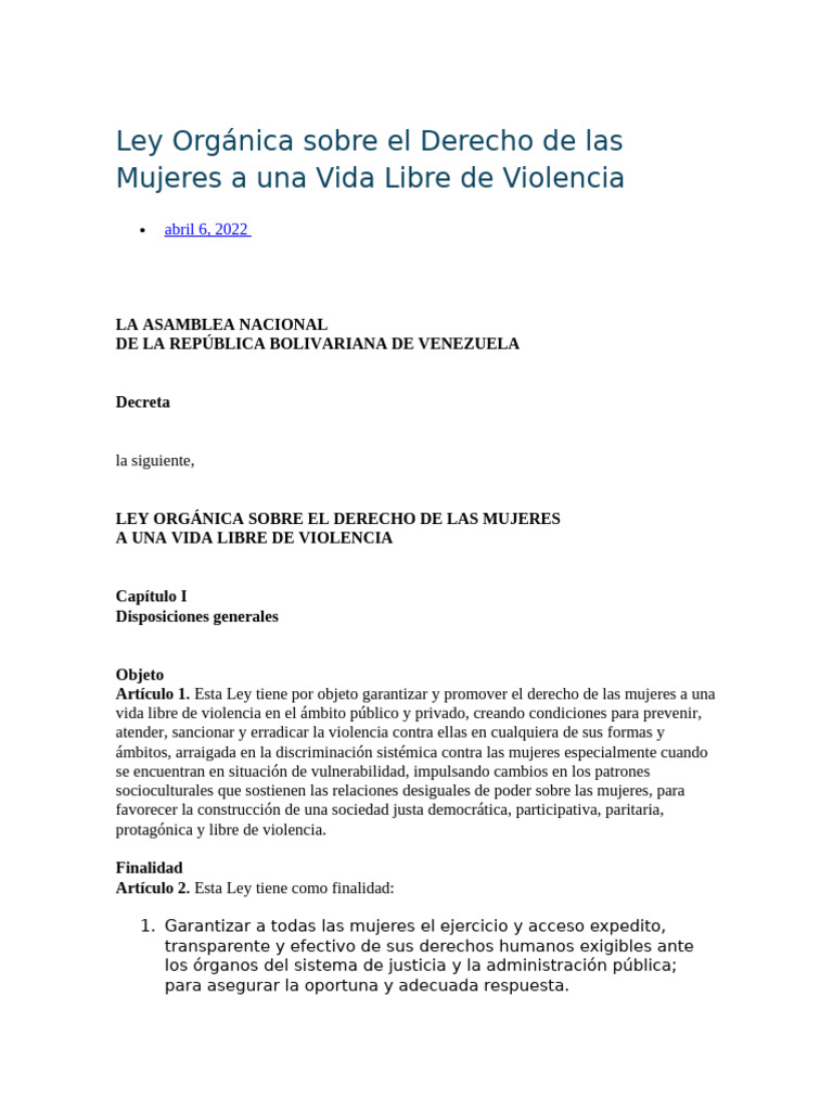 Ley sobre el Derecho de las Mujeres a Vivir Sin Violencia | PDF ...