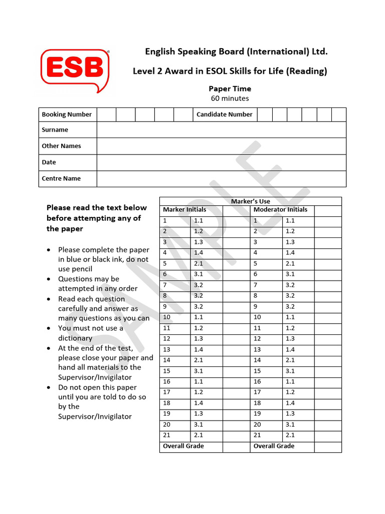 Level 2 ESOL Reading Test Sample | PDF | Balloon (Aeronautics)
