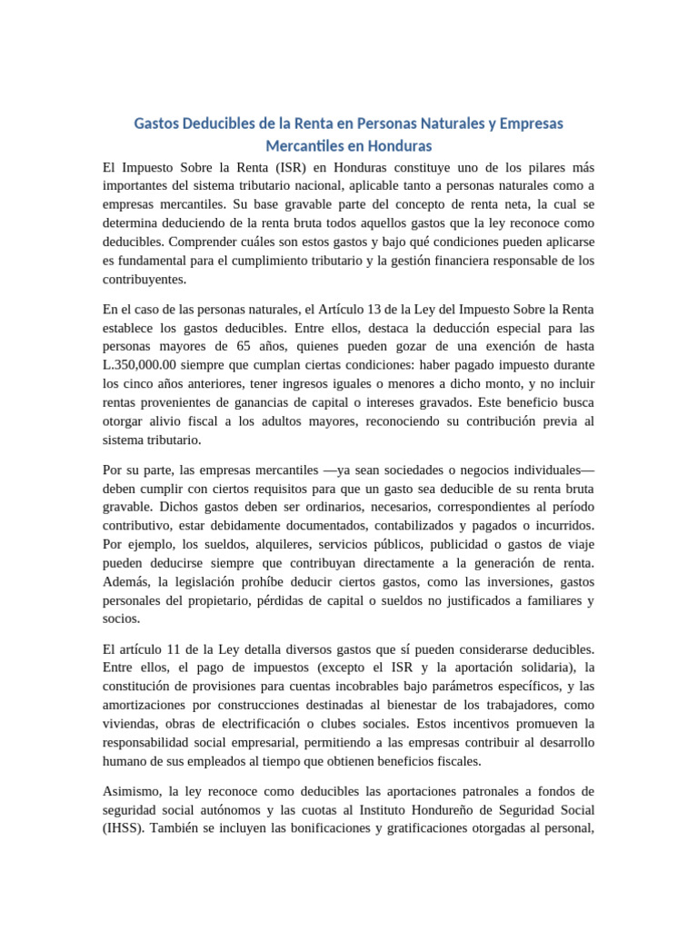 Gastos Deducibles en ISR Honduras | PDF | Impuesto sobre la renta ...
