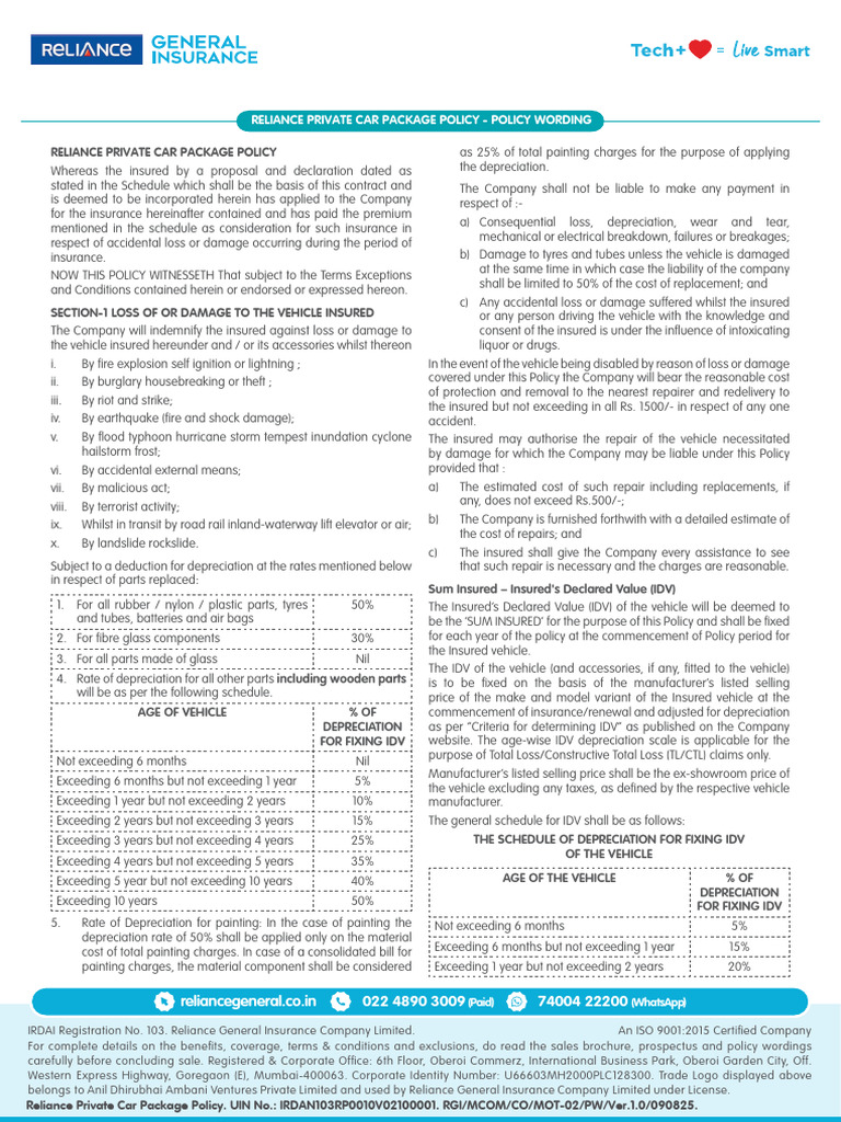 Reliance Private Car Insurance Policy | PDF | Indemnity | Insurance